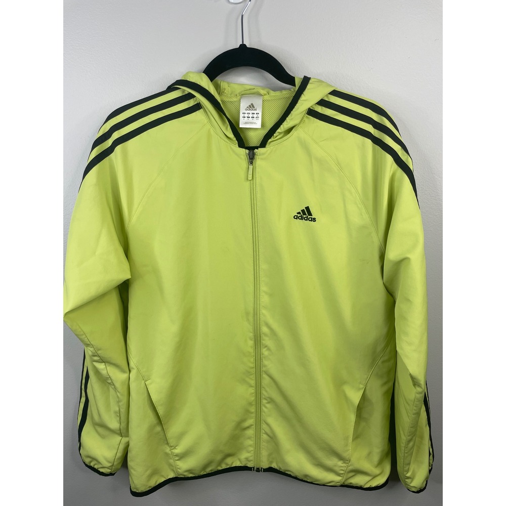 Adidas Mens Lime Green 3-Stripe Hooded Windbreaker Jacket Mesh Lined 232588 M